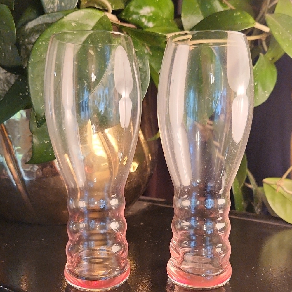 Pair of Pink RIEDEL Crystal “O” Champagne Glasses/Tumblers; Pink Ribbed Base